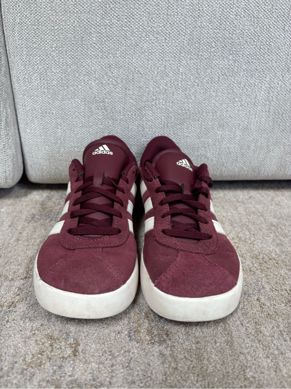 adidas Kids Burgundy Suede Sneakers with White Stripes